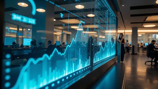 大型银行数字化转型项目案例，显示银行系统界面和数据大屏，现代化金融科技概念，蓝色背景