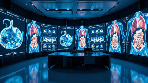 三甲医院信息化建设项目案例，显示医院信息系统界面和远程医疗服务，现代化医疗科技概念，蓝色背景