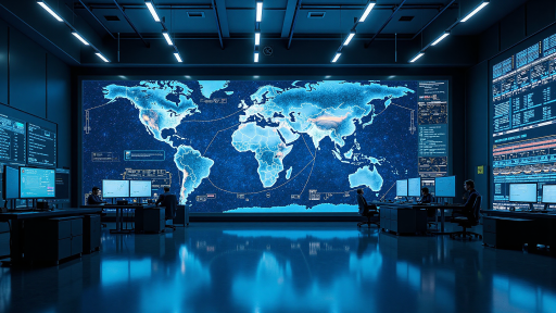 物流企业智慧物流项目案例，显示物流管理系统界面和实时追踪大屏，现代物流科技概念，蓝色背景