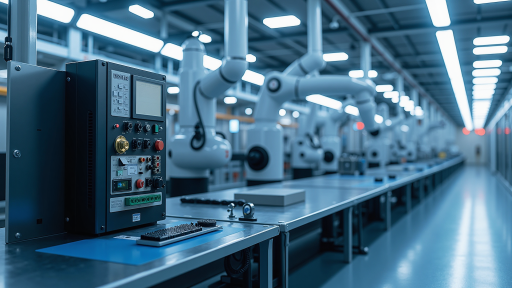 知名制造企业智能制造项目案例，显示工厂生产线数字化监控系统，工业4.0概念，蓝色科技背景