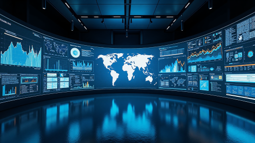 零售连锁企业电商项目案例，显示电商平台界面和数据分析大屏，现代化零售科技概念，蓝色背景