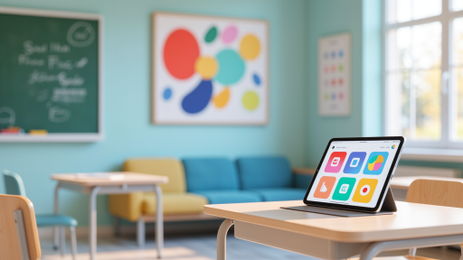 教育行业解决方案示意图，显示在线教学平台界面和学生互动场景，现代化教育科技概念，蓝色背景