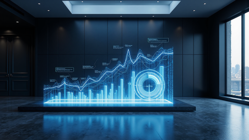 金融行业解决方案示意图，显示银行系统界面和数据图表，蓝色背景，现代化金融科技概念