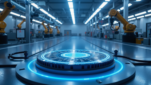 制造业解决方案示意图，显示工厂生产线和数字化监控系统，工业4.0概念，蓝色科技背景